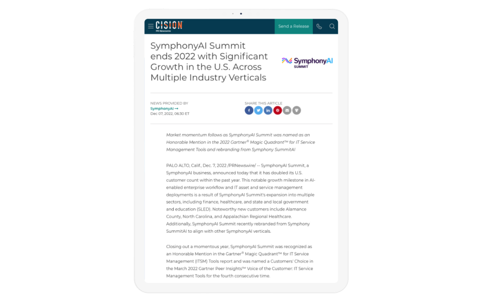 SymphonyAI Summit acknowledged as an Honorable Mention in the 2022 Gartner® Magic Quadrant™ for IT Service Management Tools