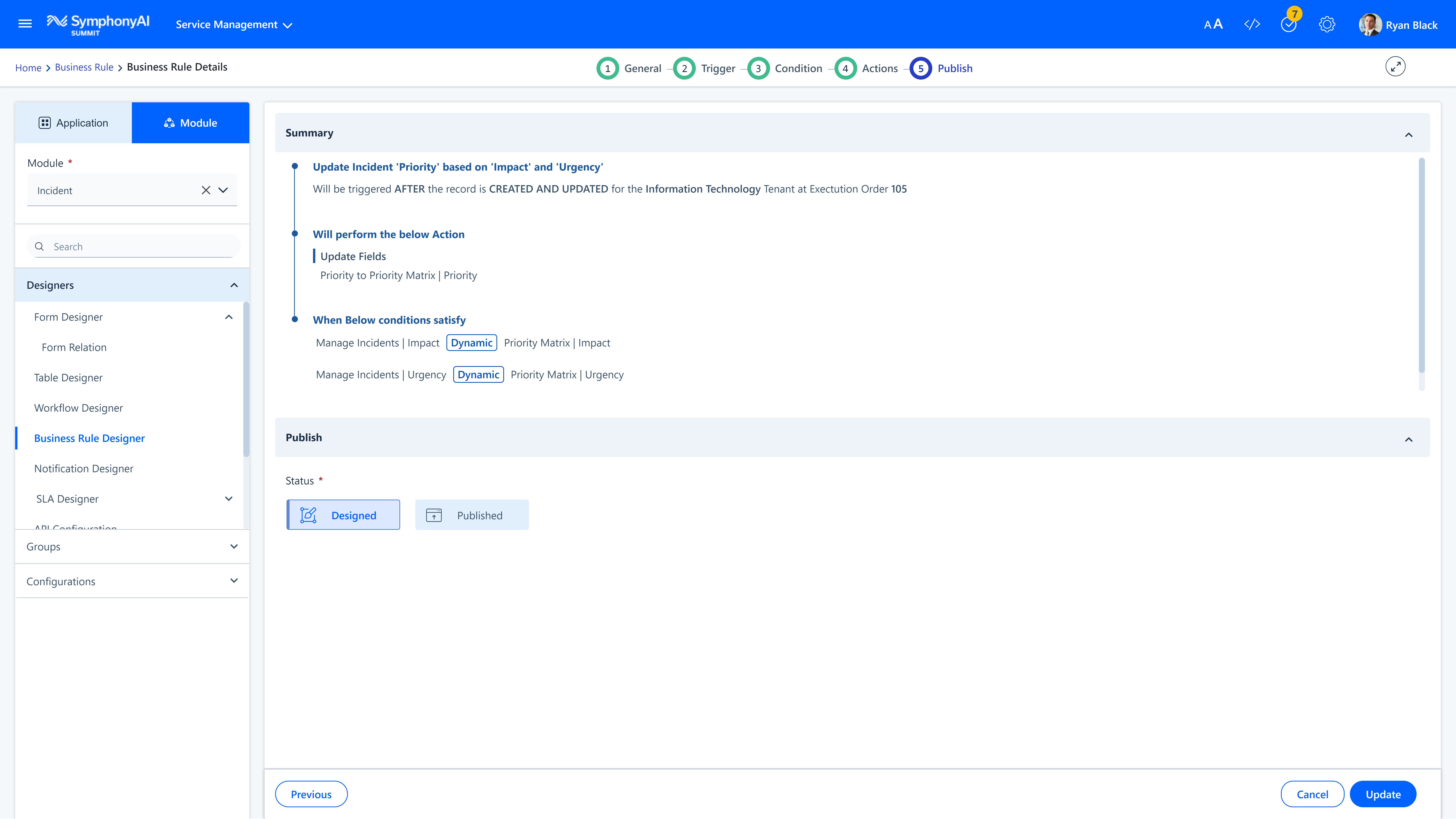 SymphonyAI ITMS business rule designer UI